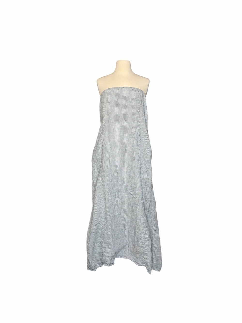 Quince European Linen Strapless Blue Pinstriped Maxi Dress